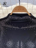 Runhufu Rhinestone Print Slim Two Pieces Sets Women Short Sleeves Sexy Bodysuits+Bodycon Skirt Fashion Beading Sensual Suits