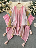 Runhufu Bohemian Loose Cardigan Bat Cloak Tassel Design Print Fashion Knitted 2024 Autumn Retro Tour Irregular Oversize Coat