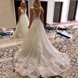 Runhufu Lace Sequined Wedding Dress Shiny Tulle Beach Party Boho Elegant Bridal Dress Open Back Maxi Dress Vestidos De Novia