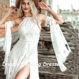 Runhufu Halter Lace Beach Boho Wedding Dresses Flare Sleeves High Split Summer Flowying Train Backless Bridal Gowns Custom Size