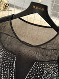 Runhufu 2024 New Fashion Bodycon Long Dress Europen O Neck Long Sleeve Feather Female Senior Mesh Transparent Diamonds Dress
