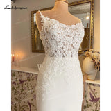 runhufu Boho Mermaid Wedding Dress For Women Sexy Scoop Neck Spaghetti Straps Backless Button Lace Appliques Bride Gown