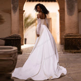 Runhufu Satin Romantic Wedding Dresses Sexy Backless Mermaid Off Shoulder Long Sleeve Simple Mopping Bridal Gowns Custom-Made