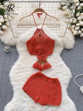 Runhufu Bohemian Knit Two Pieces Suits Women Lace Up Halter Tassel Backless Tops+Hook Flower Hollow Out Shorts Sexy Beach Sets
