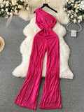 Runhufu American Retro Sequin Jumpsuit Diagonal Collar Solid Long Wide Legs Pants Romper Elegant Backless Sexy Party Jumpsuits