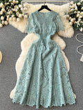 Runhufu French Vintage Casual Lace Dress O Neck Butterfly Sleeve Zipper Hook Flower Hollow Fashion Slim Embroidery Long Dress