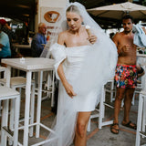 Runhufu Knee Off Shoulder Satin Wedding Dress Factory Direct Ship Custom Made Mini Short Length Minimalist Simple Bridal Gowns