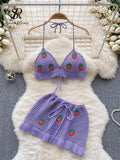 Runhufu Strawberry Sweet Beach Two Pieces Sets Halter Backless Camis+Short Skirts Fashion Hook Flower Hollow Out Beach Suits