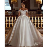 Runhufu A-Line Sexy Off Shoulder Wedding Dresses Shiny Bohemia Women's Tulle Princess Satin Bridal Gowns Robe De Mariée Vestido فست
