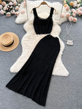 Runhufu Summer Hollow Out Knitted Suits Women Strap Loose Camisole+A Line Long Skirts Sets 2024 Vacation Beach Two Pieces Sets