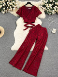 Runhufu High Street Women Lace Slim Two Pieces Suits Summer Lace Up Short Top+Wide Legs Long Pants Set Retro Lace Floral Sets