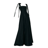 Runhufu Black Elegant Sleeveless Satin Vestido De Noiva Classic Spaghetti Straps Floor-length Wedding Dress A-line Robe De Mariee