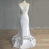 Runhufu V-Neck Mermaid Wedding Dresses For Women 2023 Sleeveless Lace Backless Vintage Long White Bridal Gown Sweep Train