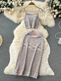 Runhufu Sexy Hollow Out Rainbow Set Knitted Mini Camis Hight Waist Knit Mid Dress Women Streetwear Fashion Two Pieces Suits