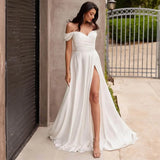 Runhufu Simple Off Shoulder Pleated Wedding Dresses with Side Split Backless A-line Court Bridal Gown vestido de novia 2024