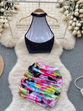 Runhufu Fashion Trend Hotsweet Print Suits Women Halter Sleeveless Top+ Ruched Bodycon Mini Skirt Streetwea Two Pieces Sets