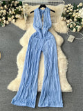 Runhufu American Halter Long Jumpsuits Fashion Lady Deep V Neck Sleeveless Backless High Waist Casual Vacation Sexy Rompers