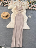 Runhufu Spaghetti Strap Knitted Beach Long Dress Summer Vintage Hollow Out Sheath Sundress 2024 Elastic Backless Sexy Dress