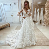 Runhufu Wedding Dress For Women 2024 V-Neck Long Sleeves Lace Wedding Gowns Boho A-Line Sweep Train Bride Dress vestidos de novia