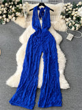 Runhufu American Halter Long Jumpsuits Fashion Lady Deep V Neck Sleeveless Backless High Waist Casual Vacation Sexy Rompers