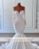 Runhufu Mermaid Wedding Dresses Women Elegant Sheer Long Sleeved Bridal Gowns Lace vestidos de novia Second Reception Dress