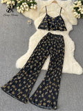 Runhufu Summer Floral Chiffon Beach 2pcs Sets Fashion Strap Sexy Camisole+Wide Legs Long Pants Butterfly Print Two Pieces Suit