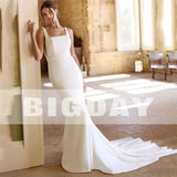 Runhufu Mermaid Wedding Dresses Women Open Back Square Collar Spaghetti Straps Satin Bridal Gowns Sweep Train Vestidos De Noiva