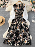 Runhufu Ethnic Style Print Dress Women Spring New Fashion Puff Sleeve Lace-up Design Sheath 2024 Retro A-Line Long Dress