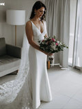 Runhufu V Neck Elegant Sleeveless Crepe Wedding Dresses Backless Buttons Bride Dresses Simple Mermaid Wedding Gowns