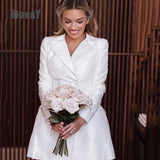 Runhufu Short Wedding Dresses For Woman 2024 A-Line V-Neck Full Sleeves Above Knee Bride Gowns Satin Vestido de Novia Custom Made