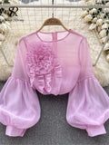 Runhufu Fashion Vintage Court Style Blouse Women Zipper Transparent Three Dimensional Floral Design 2024 Casual Loose T Shirt