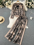 Runhufu Winter Knitted Print Sets Women O Neck Long Sleeve Knitwear+Wide Leg Long Pants Fashion Retro Sweater Two Pieces Suits