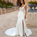 Runhufu High Split Mermaid Wedding Dress Fashion V-Neck Sleeveless Satin Bride Party Spaghetti Straps Backless Button Robe Mariée