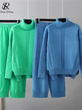 Runhufu Women Casual Fashion Sweater Sets Turtleneck Loose Thick Knit Top+Elastic Wide Leg Long Pants Winter Two Pieces Suits