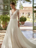 Runhufu Summer Boho Wedding Dresses Lace Beach Bridal Gowns 2024 Bride Dress V Neckline Wedding Gowns 3/4 Sleeves Illusion Back