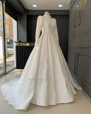 Runhufu High Neck A-Line Wedding Dresses Long Sleeves Lace Appliques Sequined Sweep Train Bridal Gowns Custom Made