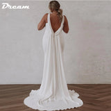 Runhufu Deep V Neck Crepe Detachable Train Mermaid Wedding Dress 2024 Plain Sleeveless Open Back Simple Bridal Gowns Elegant