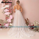 Runhufu Pastrol Wedding Dress for Women Bride Spaghetti Strap A-Line Appliques Open Back Tulle Sweep Train Vestido De Novia