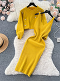 Runhufu Winter Beading Knitted Suits Women Loose Long Sleeve Beading Pullover+ Midi Dress Fashion Warm Sweater Two Piece Sets