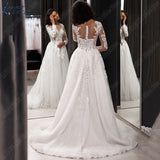 Runhufu NICEB Illusion Lace Long Sleeves Wedding Dress Appliques Buttons Back Vestidos De Noiva Mariage Tulle A Line Custom Made
