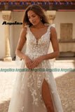 Runhufu Fashionable Bow Wedding Dresses 2024 Bride Appliques V Neck A Line Tulle High Split Button Sweep Train Custom Made