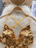 Runhufu Sequins Sexy Club Camis 2024 Strap Cross Slim Backless Hollow Out Tank Top Fashion Butterfly Design Shiny Sensual Top