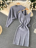 Runhufu Autumn Knitted Dress Suits Women O Neck Long Sleeves Short Pullover+Strap Elastic Dress Korean Sweater Two Pieces Sets
