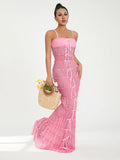 Runhufu Retro Sling Wrap Pleated Long Dress Women's See-Through Bowknot Mesh Sheer Bodycon Dress Party Nightclub Vestidos