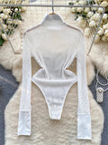 Runhufu Fashion Mesh Sheer Playsuits 2024 Ladies Turtleneck Long Sleeve Transparent Sensual Top Open Crotch Slim Sexy Bodysuit