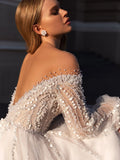 Runhufu Deep V-neck Backless Wedding Dress Sparkly Pearls Bride Robe Graceful Appliques A-line Long Bridal Gown Robe De Mari¨¦e