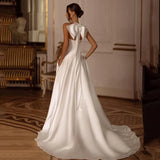 Runhufu White A-Line Wedding Dresses Halter Neck High Split Backless Bridal Gowns Boho Beach Sweep Train Wedding Gowns Custom Size