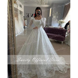 Runhufu Wedding Gowns With Beading Princess A-line Ball Gown Square Collar Full Sleeve Bride Dress Prom Dresses Robe De Marie