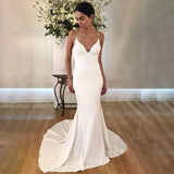 Runhufu Straps Crepe Backless Wedding Dress Plus Size Zipper Cowl Trailing Custom Made Sheath V Neck Bridal Gowns With Train