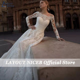 Runhufu NICEB Boat Neck Lace Wedding Dress Appliques Long Sleeve Bridal Gown With Button Vestidos De Noiva Mariage Custom Made